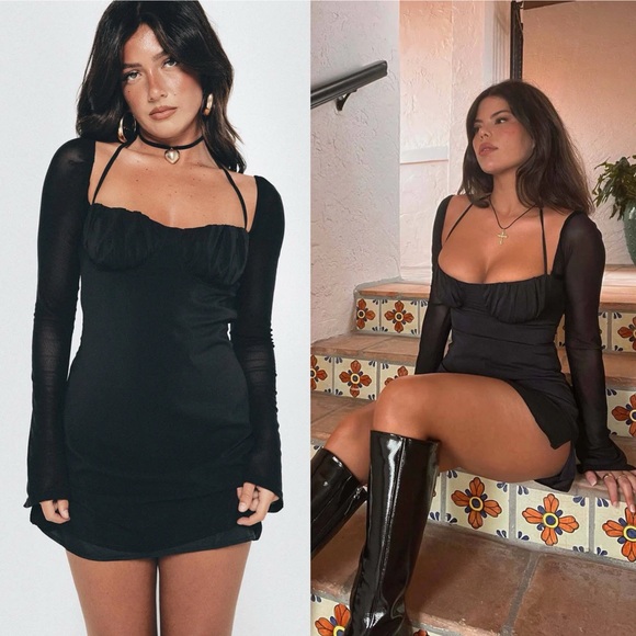 Princess Polly Dyer Black Long Sheer Sleeve Tie Neck Mini Dress - Picture 13 of 13